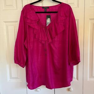 Ralph Lauren 100% Silk Blouse Shirt ruffle neck Pink Size 3X